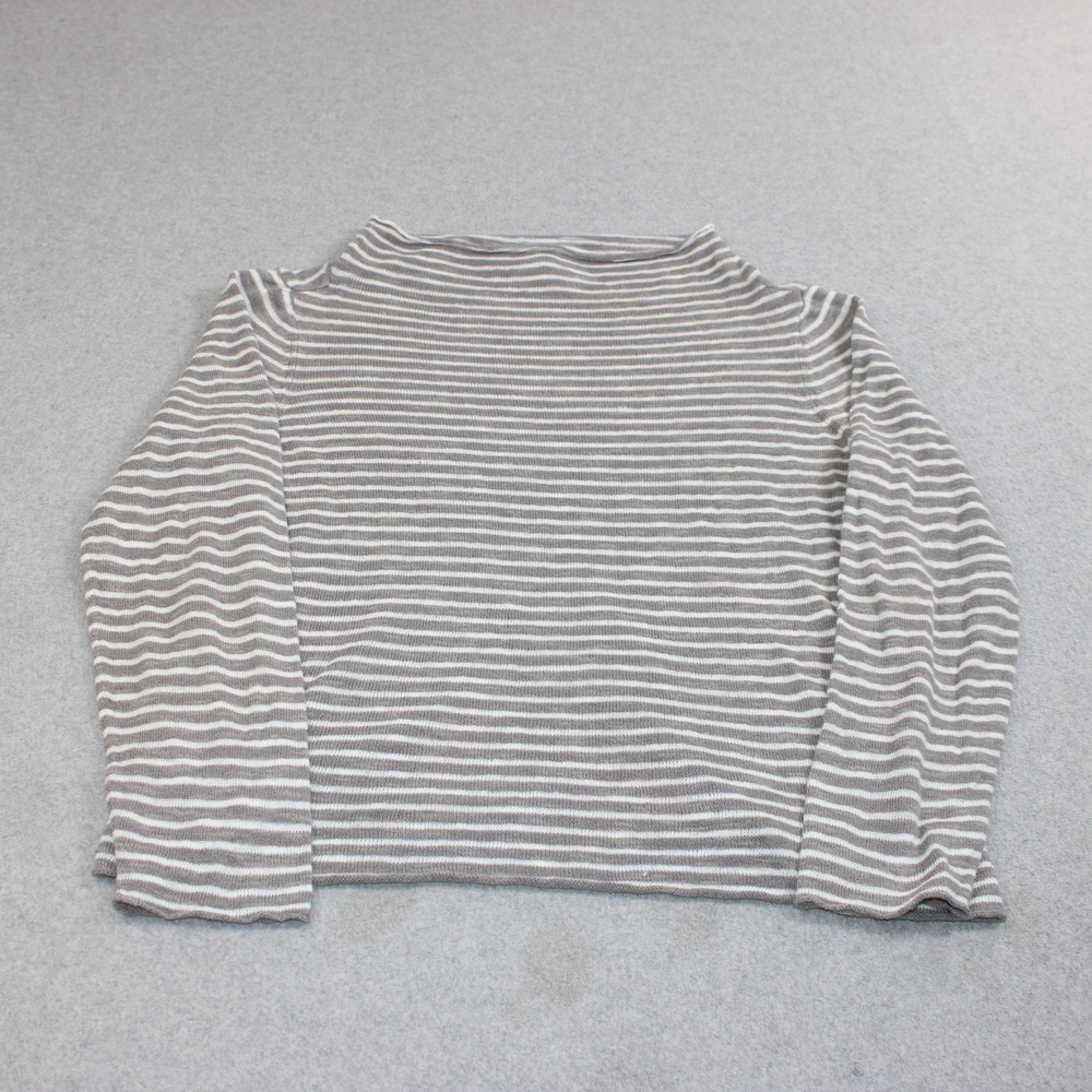 Eileen Fisher Sweater Women Medium Gray Stripe Mesh Organic Linen Cotton Boho